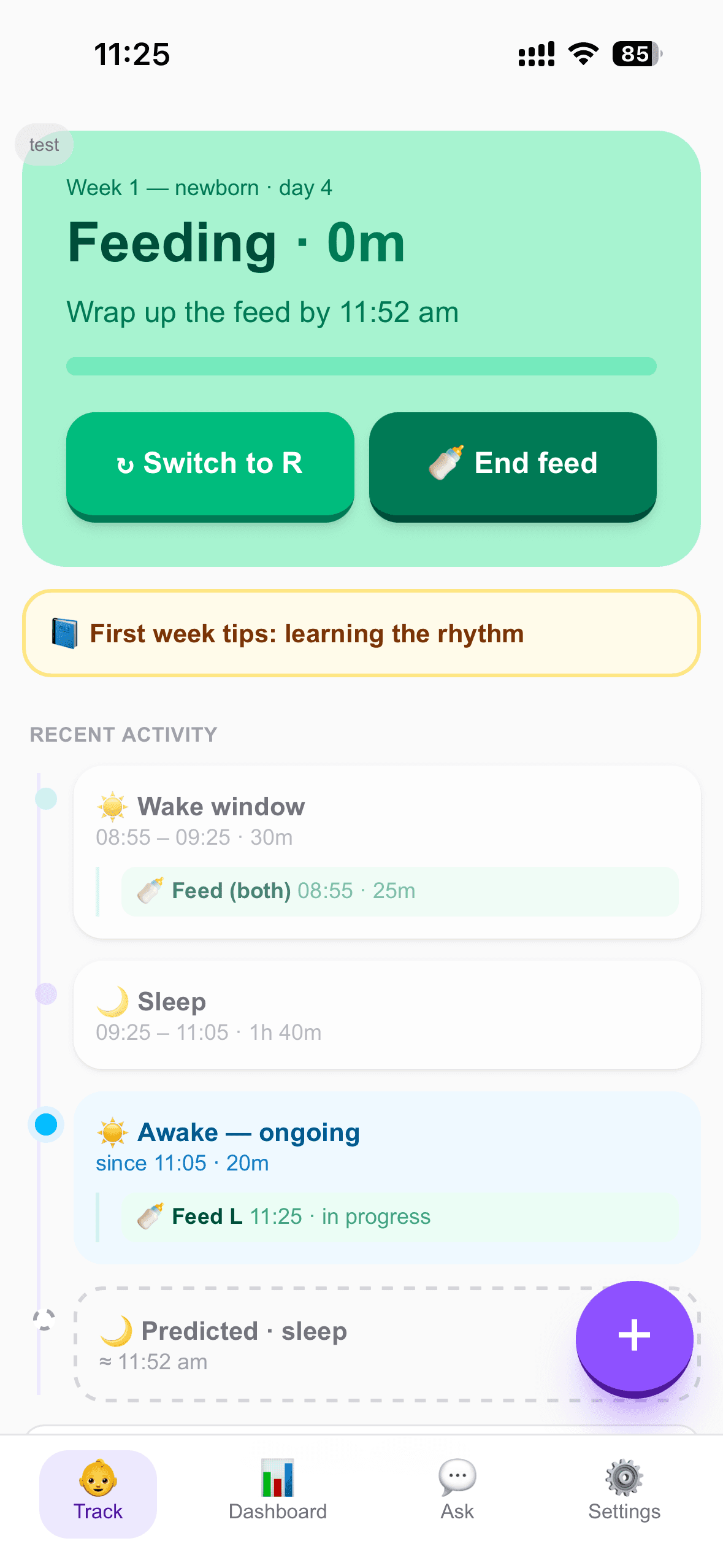 Babywise App feeding screen showing a breastfeeding timer and left and right side controls