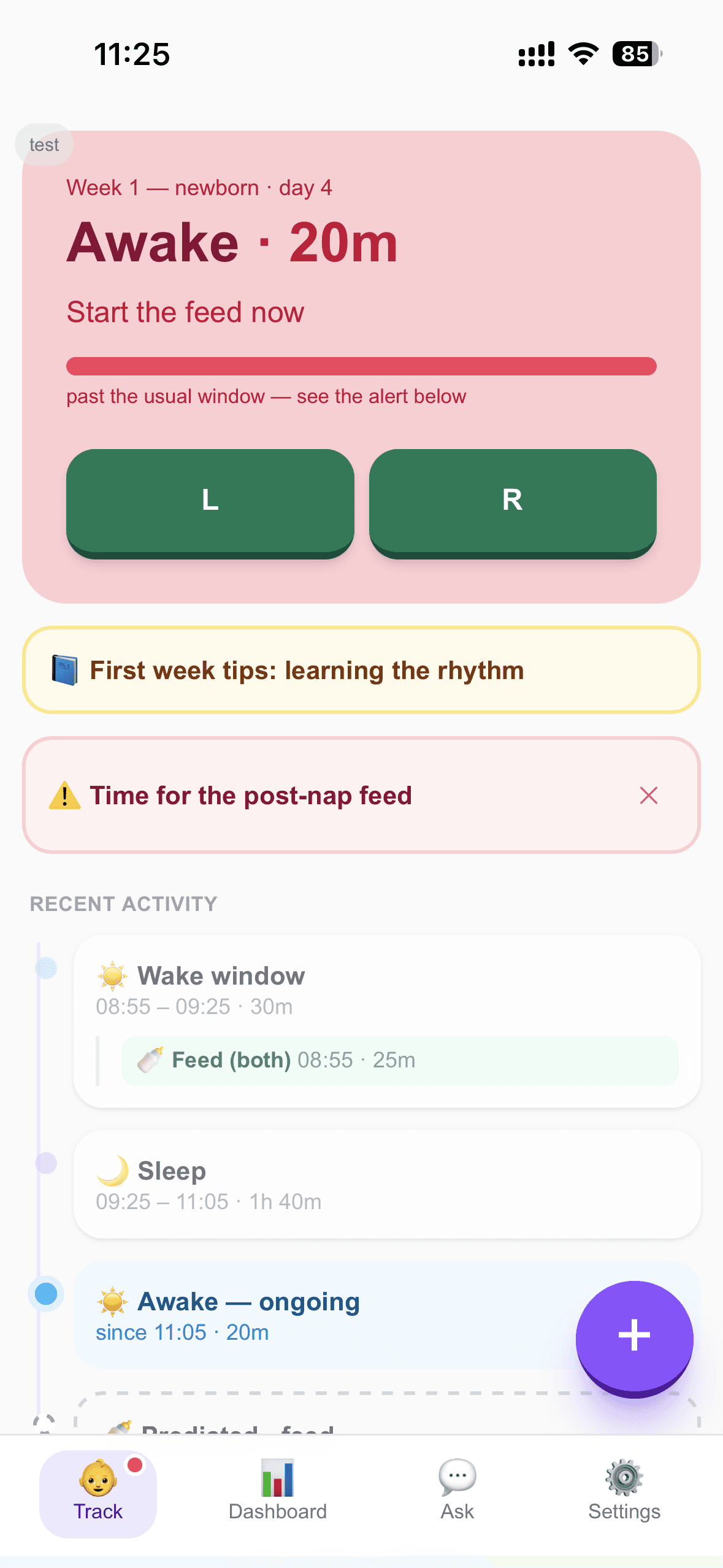 Babywise App screen showing an awake timer, recent feeding and sleep events, and a predicted next sleep