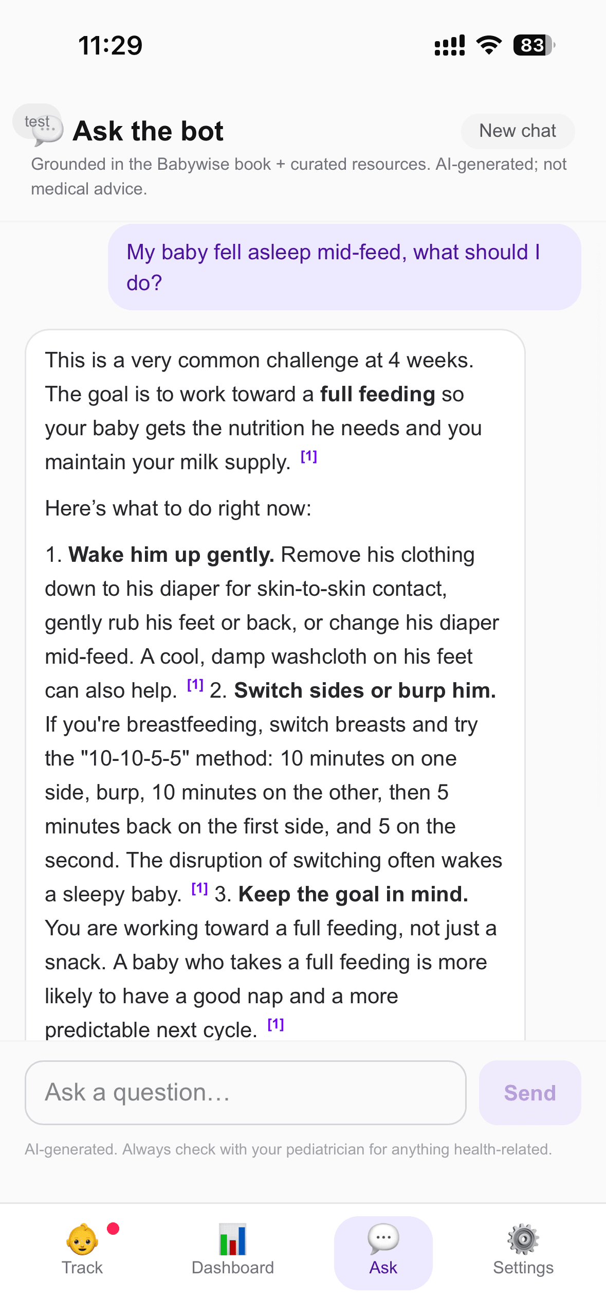 Babywise App companion screen offering practical context based on a baby's recent tracking history